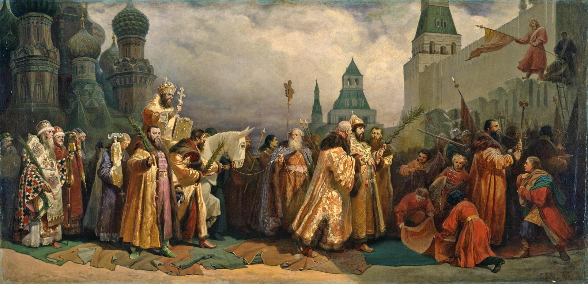 «Вербное воскресенье в Москве при царе Алексее Михайловиче. Шествие патриарха на осляти, 1865 г. Художник: Вячеслав Шварц